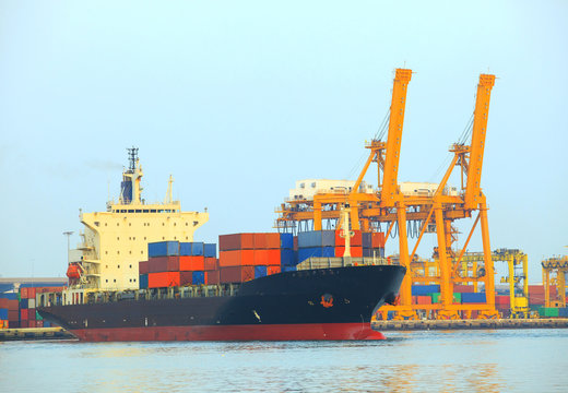 commercial ship and cargo container on port use for import expor