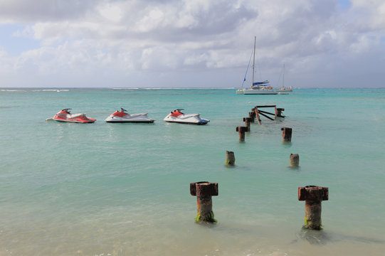 Hydrocycles, destroyed pier. Anse de Sent-An, Guadeloupe