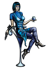 Woman with a cocktail glass and a gun