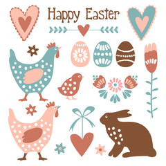 Cute easter elements set with eggs, hens, hare,flowers, vectors