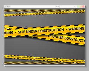 Caution tape in browser with words - Site Under Construction.