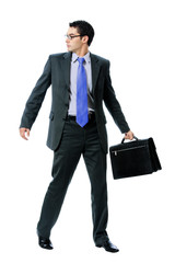 Businessman or hacker in sun glasses with briefcase, isolated