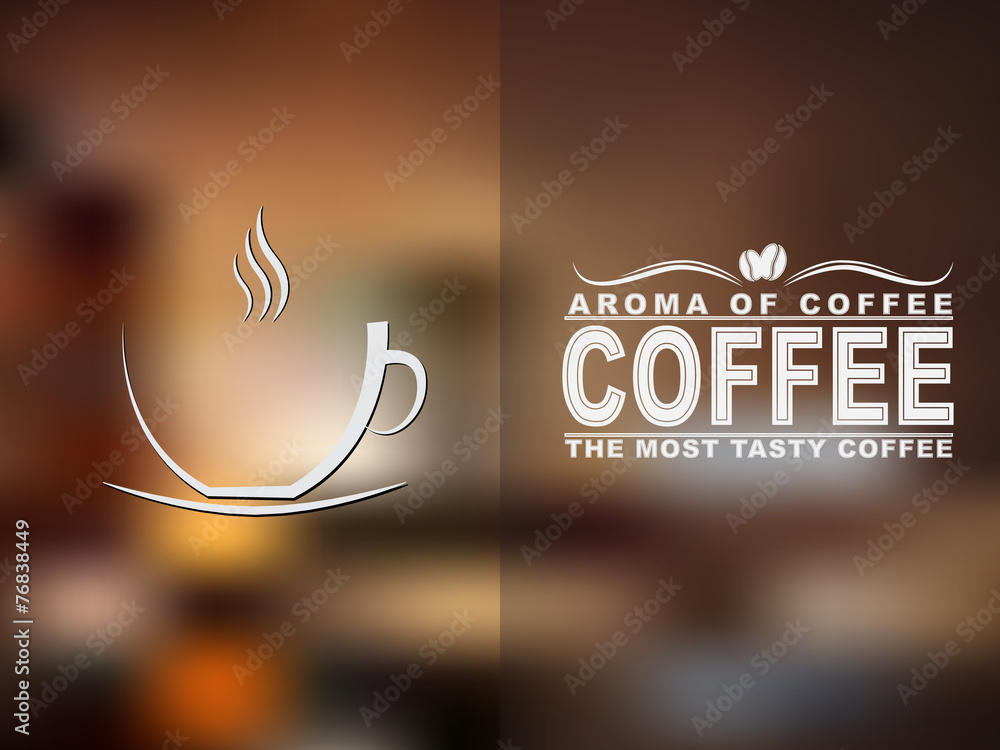 Poster coffee cup icon and text design with a blurred background.
