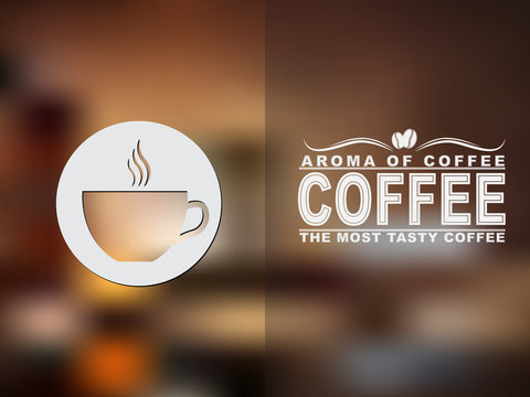 Coffee cup icon and text design with a blurred background.