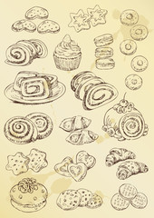 set of hand drawing cakes and cookies