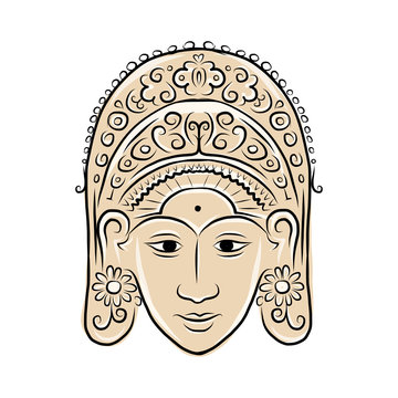 Wooden Mask Of Indonesian Dancer Woman, Sketch For Your Design