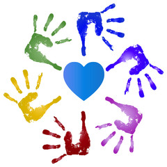 Conceptual children painted hand print and heart isolated