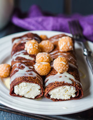 chocolate pancakes with cottage cheese and condensed milk with b