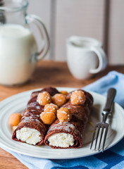 chocolate pancakes with cottage cheese and condensed milk with b