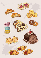 set of hand drawing cakes and cookies