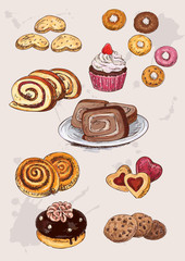 set of hand drawing cakes and cookies