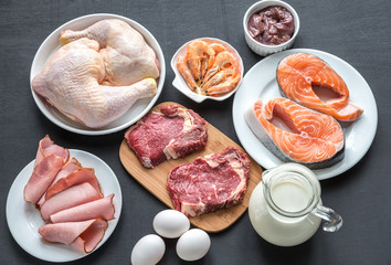 Protein diet: raw products on the wooden background