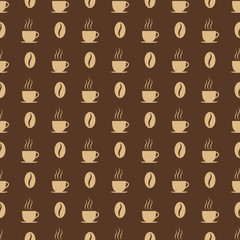 Coffee cups and beans seed. Seamless pattern