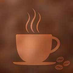 Coffee cup icon with steam, beans, blurred background