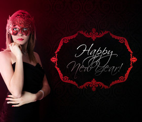 Beautiful girl in a carnival mask and Happy New Year wishes - obrazy, fototapety, plakaty
