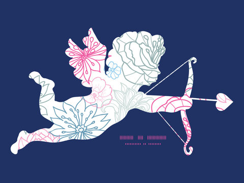 Vector gray and pink lineart florals shooting cupid silhouette