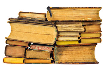 Pile of different old books isolated on white