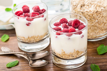 Yogurt with muesli and raspberries