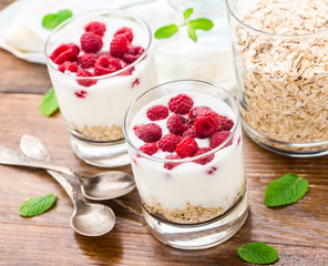 Yogurt with muesli and raspberries