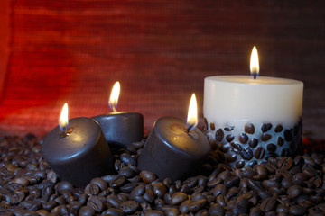 coffee beans and burning candles