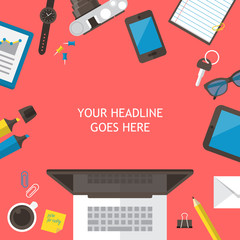 Office desk flat mock up template with flat stylish icons