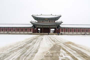 beautiful gyeongbok palace in soul, south korea - snow, winter