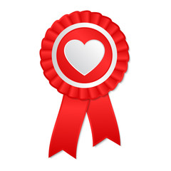 Red award rosette with ribbon and heart