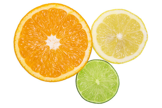 Healthy citrus fruity food. Slice of fresh orange, lemon, lime