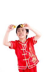 Cute Asian Boy In Tradition Chinese Cheongsam Isolated On White
