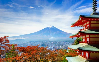 Wall murals Fuji Mt. Fuji with Chureito Pagoda, Fujiyoshida, Japan