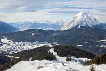 The panoramic top view of ski Olympia Region Seefeld, Austria