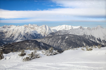 Fototapeta na wymiar The top view of Seefeld ski region on winter day.
