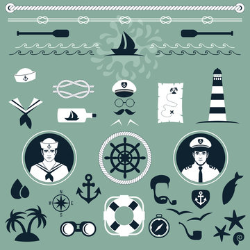 vector nautical icons, captain and sailor boat,