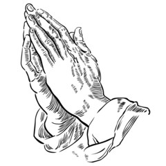 Hände zum Gebet gefaltet, schwarz-weiß Zeichnung, Vektor - 76877878