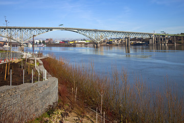 Ross Island bridge and river Portland Oregon.