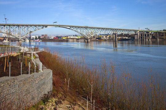 Ross Island Bridge And River Portland Oregon.