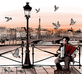 Akkordeonist spielt auf der Pont des arts in Paris