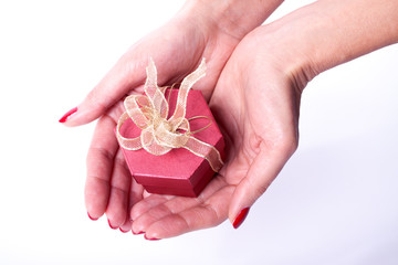 Woman hands holdind present box