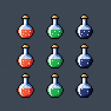 Set of animated potion bottles phial vial, pixel isolated