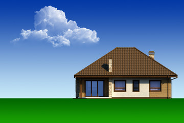Country house on the background of blue sky and clouds.