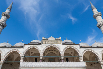 Fototapeta na wymiar Suleymaniye Mosque minarets and blue sky in Istanbul