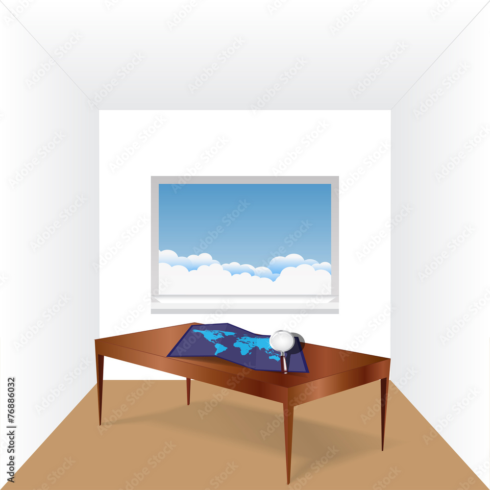 Poster room with a window on the table map with a magnifying glass