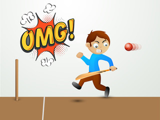 Cute boy holding bat and running away from a red Cricket ball.