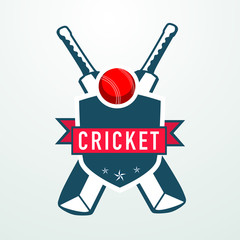 Cricket sports concept with bats, ball and winning shield.