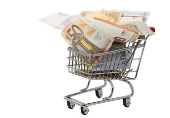 shopping cart full of euro banknotes