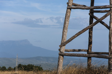 wooden watchtower in the mountains