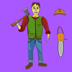 Cartoon lumberjack holding an axe on violet background