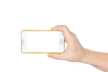 Human hand holding blank mobile smart phone
