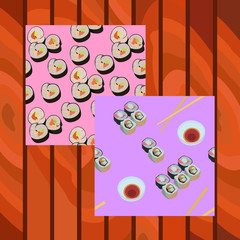 Two seamless patterns with sushi rolls on wood background