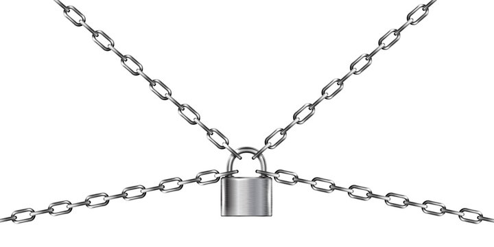 Metal chain and padlock, isolated on white